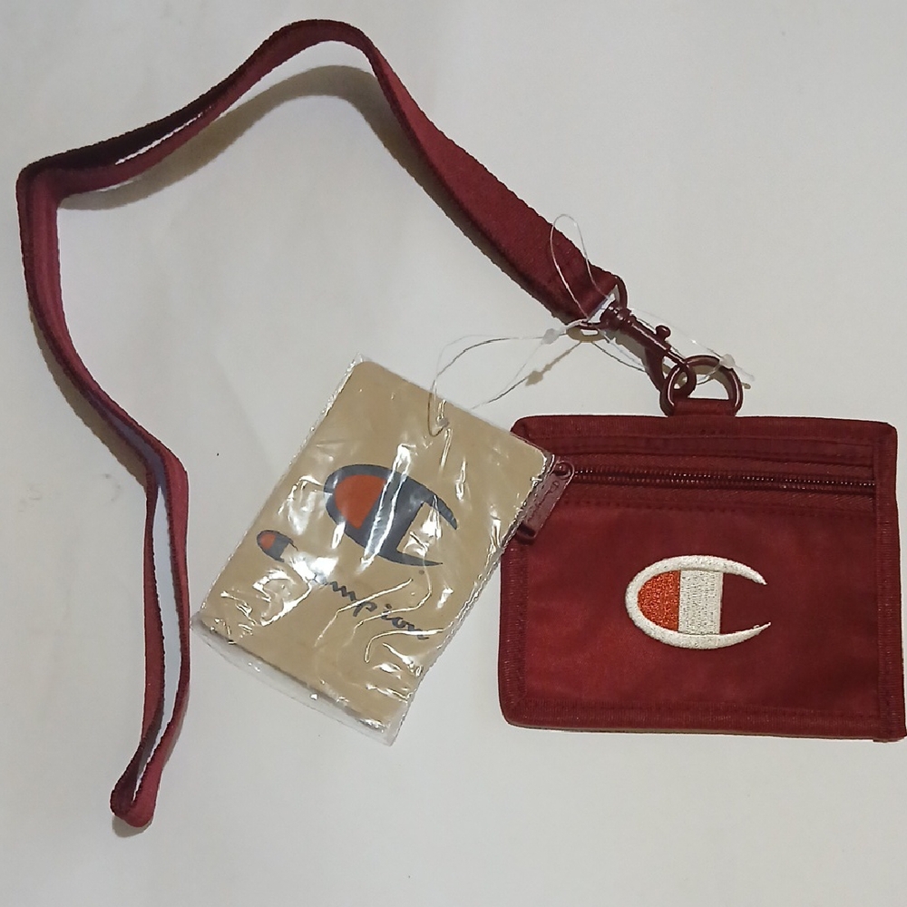 Champion burgundy lanyard pouch exterior zipper identification pocket NWT